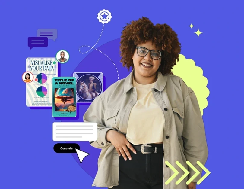 A smiling woman in front of AI-generated data visualisations and book covers on a purple background