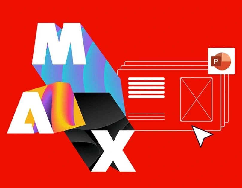The MAX lettering beside stacked presentation slides with a PowerPoint icon