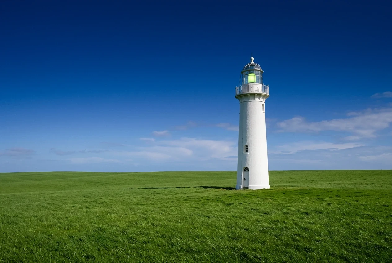 Ein weißer Leuchtturm mit limettengrünem Licht mitten auf einer Wiese