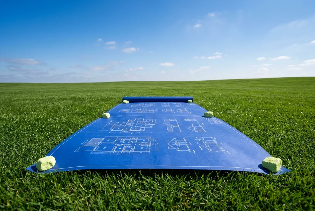 A blueprint unrolled on a lawn, held down by lime stones