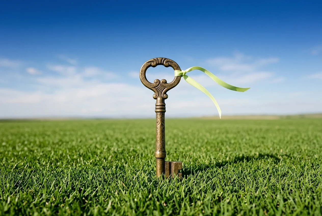 A large brass key standing in the grass, tied with a lime ribbon
