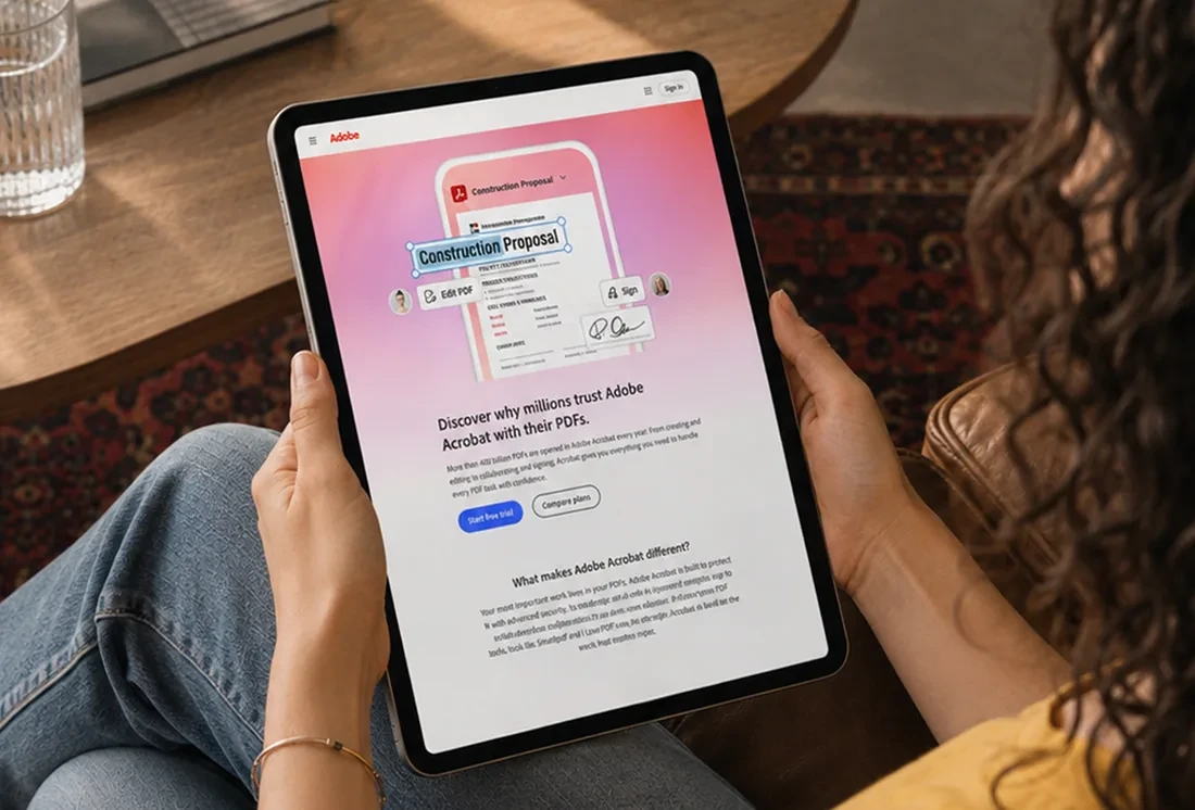 A tablet showing the Adobe Acrobat AEO landing page