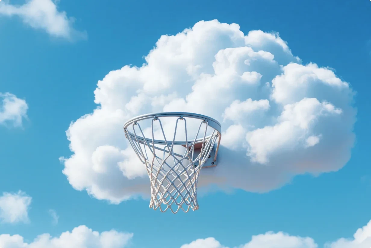 A basketball hoop floating in a cloud