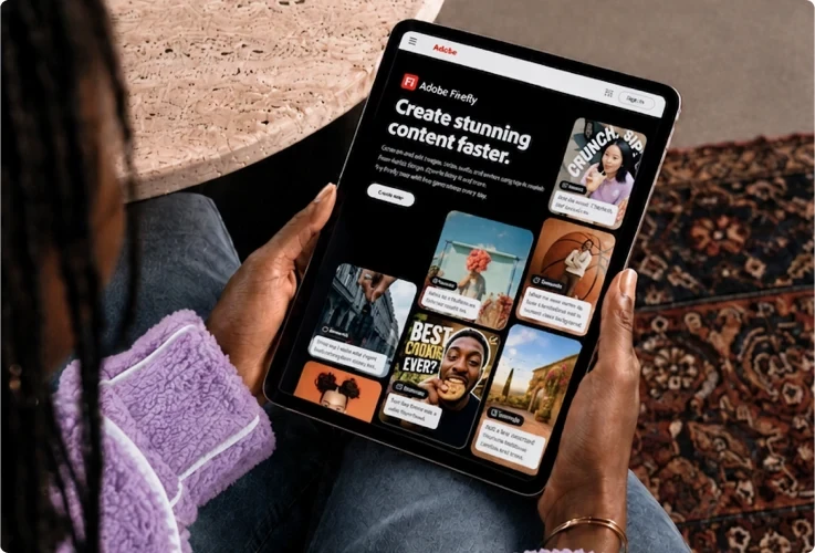 A tablet showing the Adobe Firefly product page