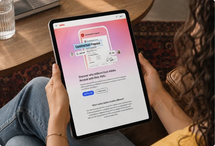 A tablet showing an Adobe Acrobat Studio page