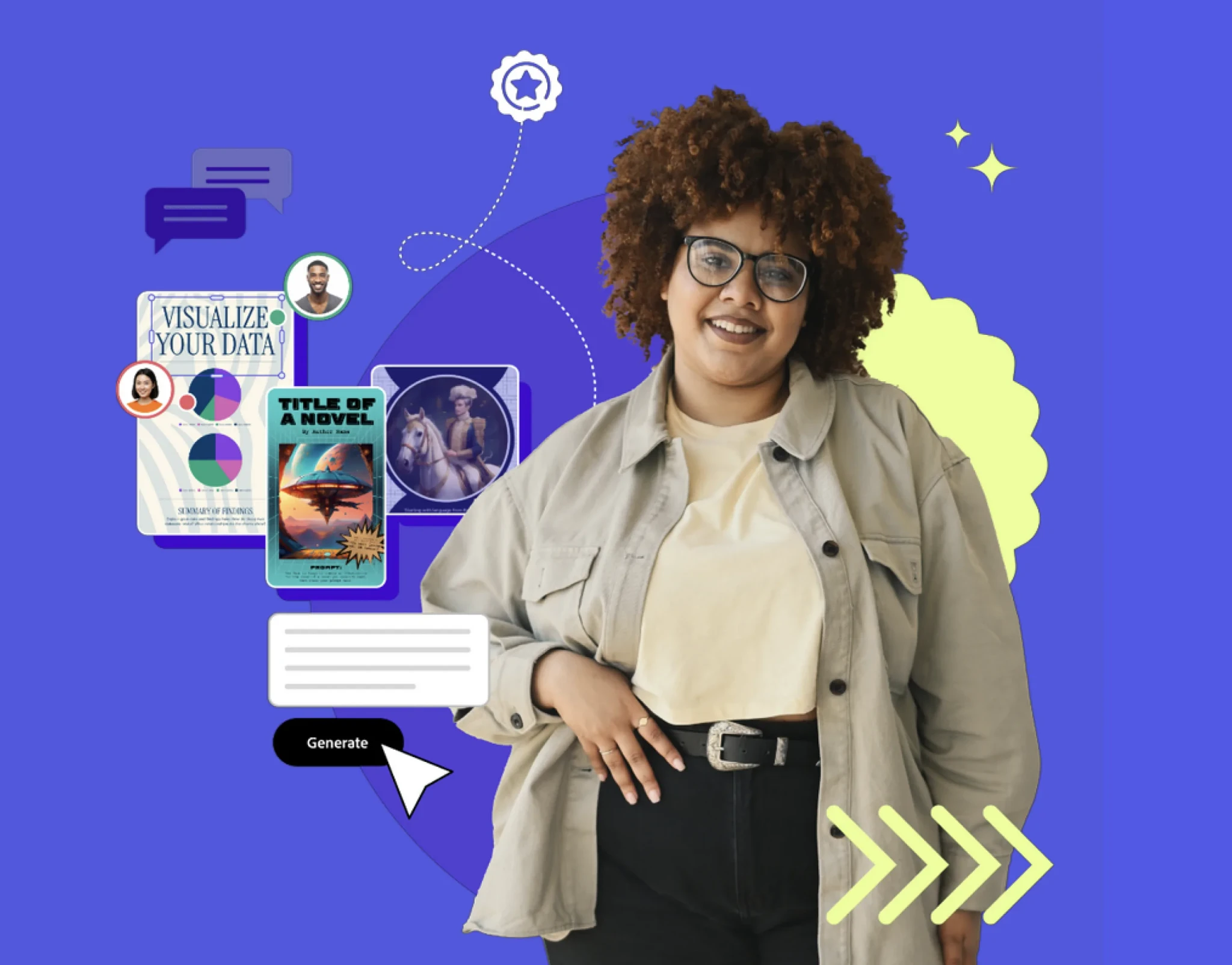 A smiling woman in front of AI-generated data visualisations and book covers on a purple background