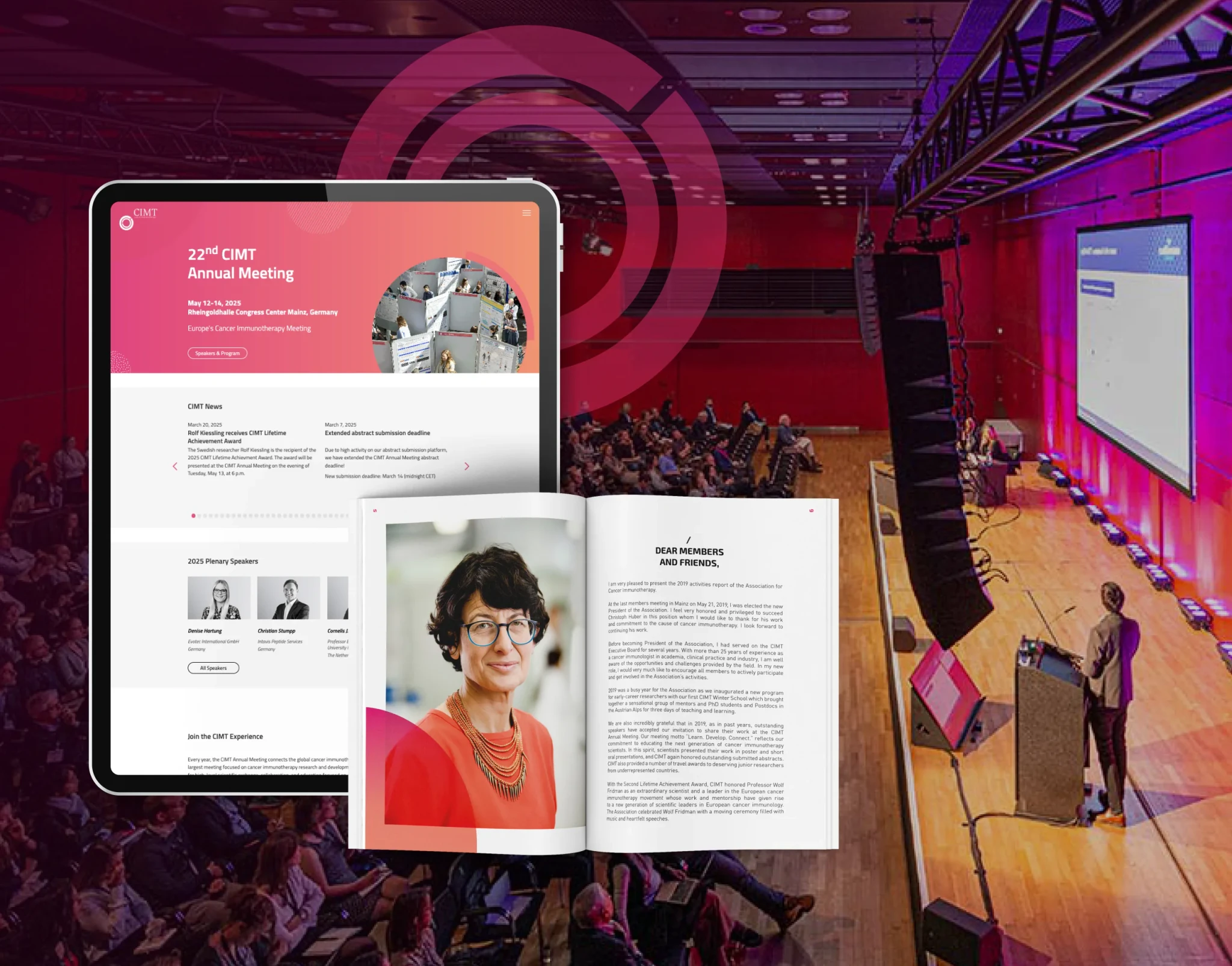 The CIMT annual meeting website on a tablet and the printed programme, in front of a conference hall